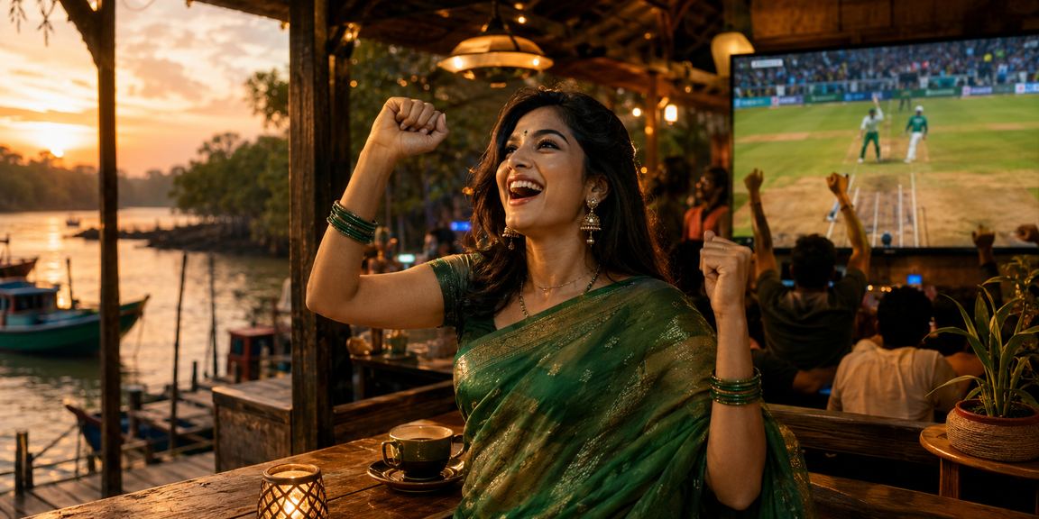 A woman in a saree in Khulna enjoying her cricket betting experience